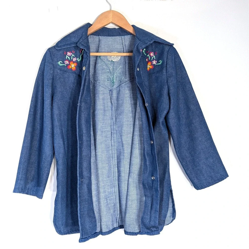 Handmade Vintage Western Shirt; Embroidered Floral Denim Snap Front Shirt